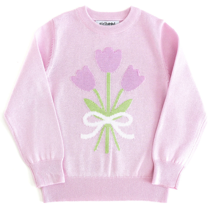 girls' light purple cotton knit pullover style sweater designed with bouquet of lavender tulips tied with a white ribbon
