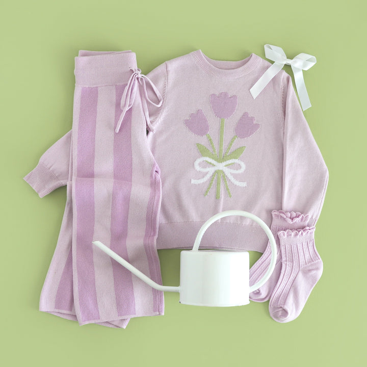 girls' lavender and lilac sweater set with cotton knit pullover sweater featuring three pastel purple tulips and matching two-tone purple striped sweater pants 