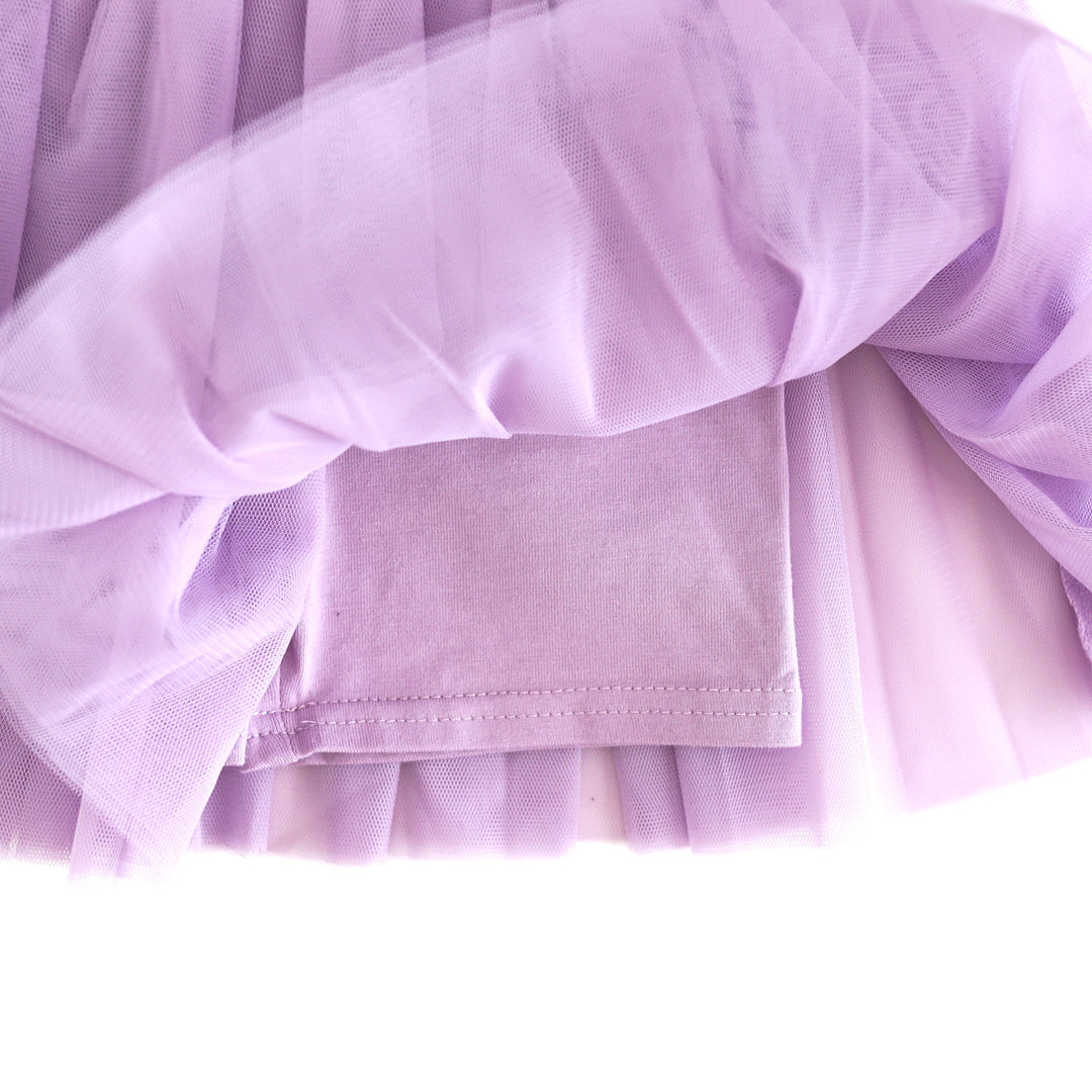 close-up of lavender cotton blend biker shorts attached to tulle tutu skort 