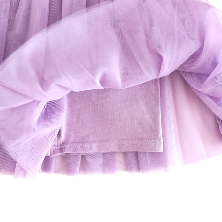close-up of lavender cotton blend biker shorts attached to tulle tutu skort 