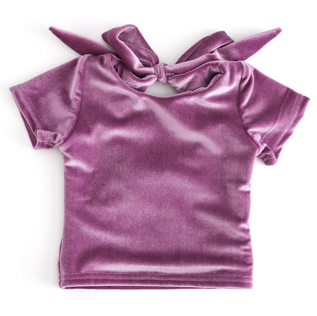 girls fitted purple velvet top with bow back and short sleeves to match Valentines separates