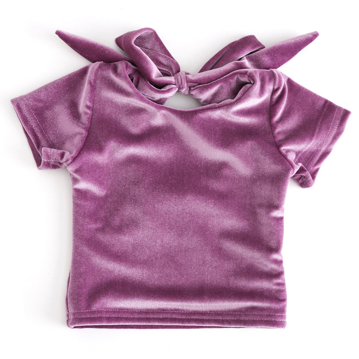girls fitted purple velvet top with bow back and short sleeves to match Valentines separates