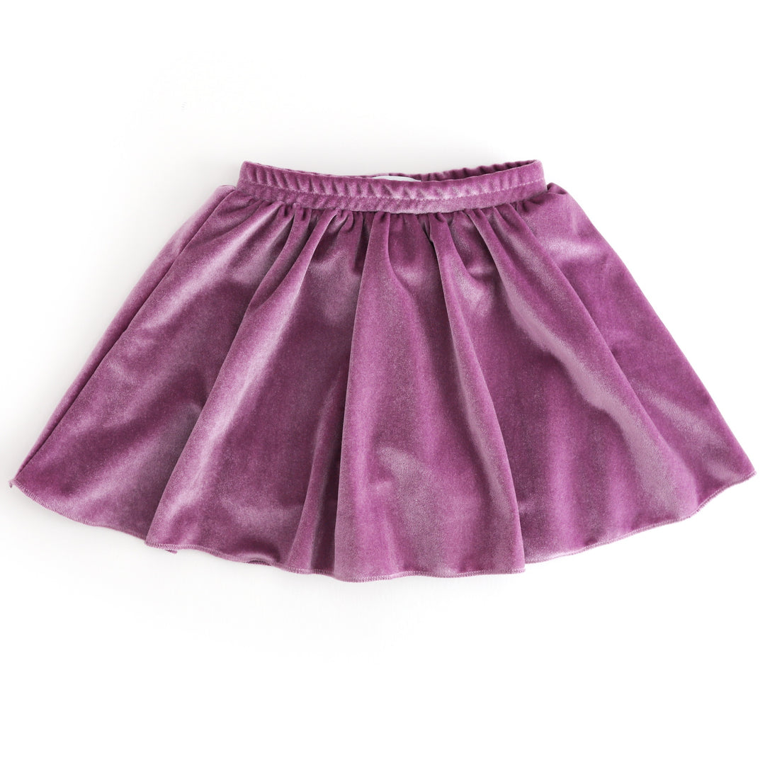 girls' lavender velvet skort with attached shorts and stretchy waistband to match Valentine's collection tops