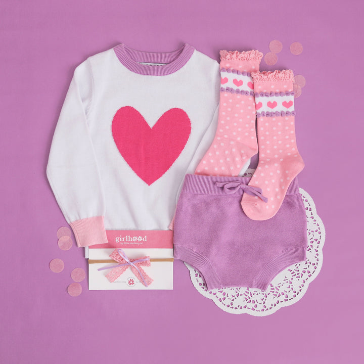 baby girls' sweater set, matching knee high socks and lace baby bow in lavender, pink and white