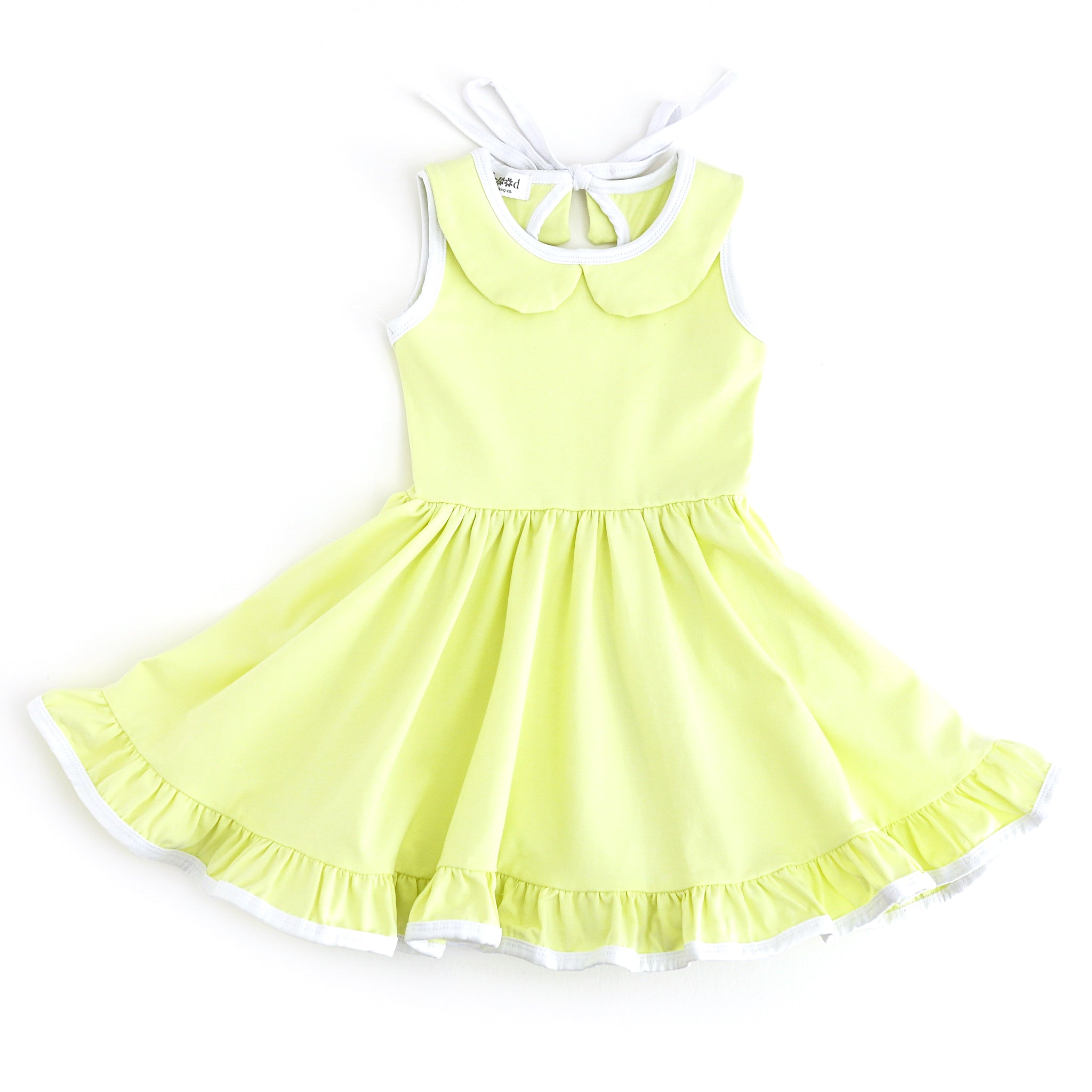 girls light greenish yellow sleeveless twirl dress with peter pan collar, white tie and keyhole tie back