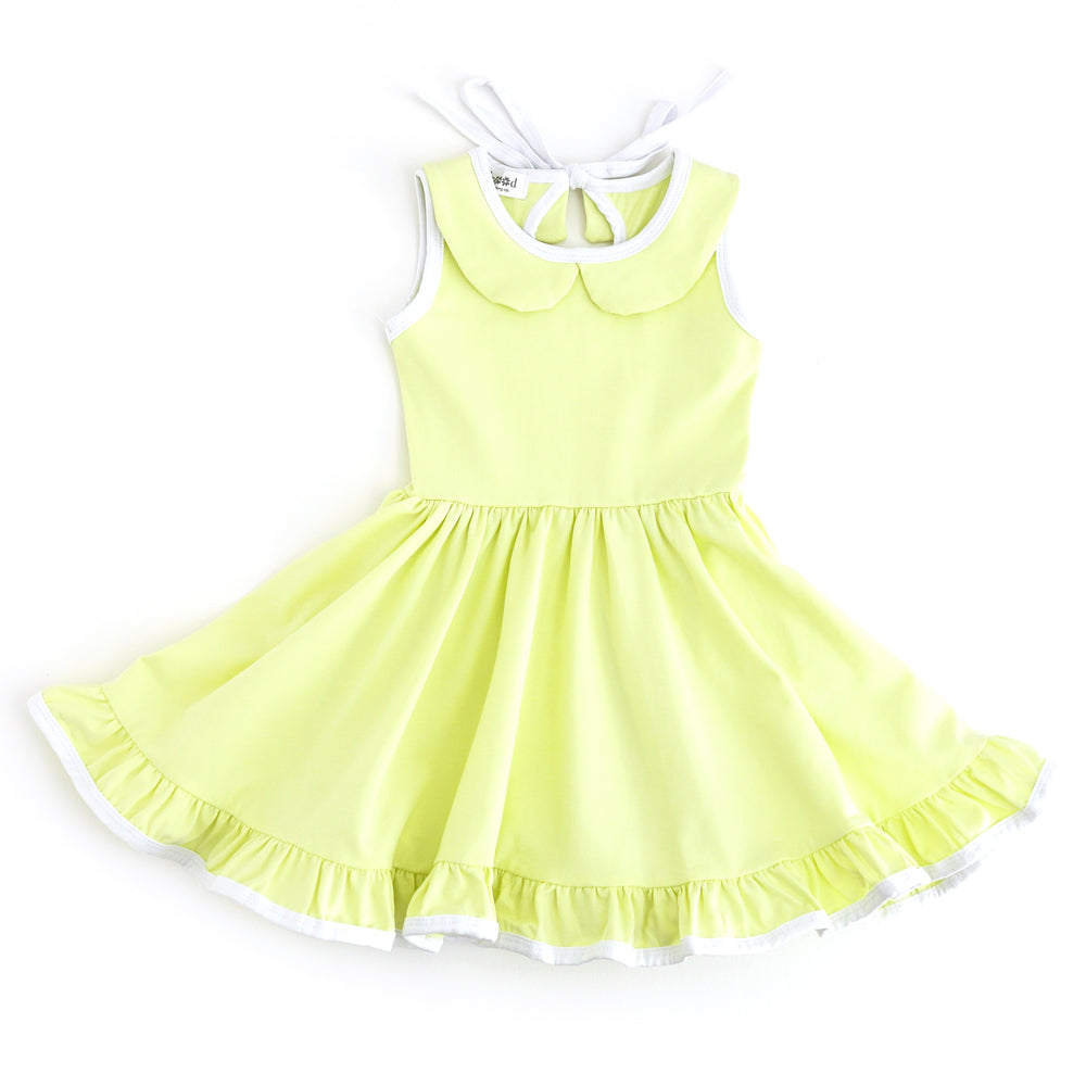 girls light greenish yellow sleeveless twirl dress with peter pan collar, white tie and keyhole tie back