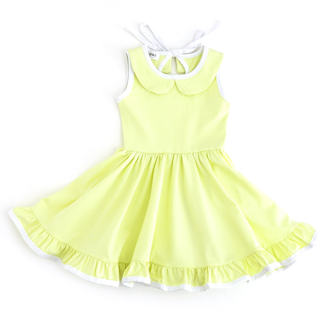girls light greenish yellow sleeveless twirl dress with peter pan collar, white tie and keyhole tie back