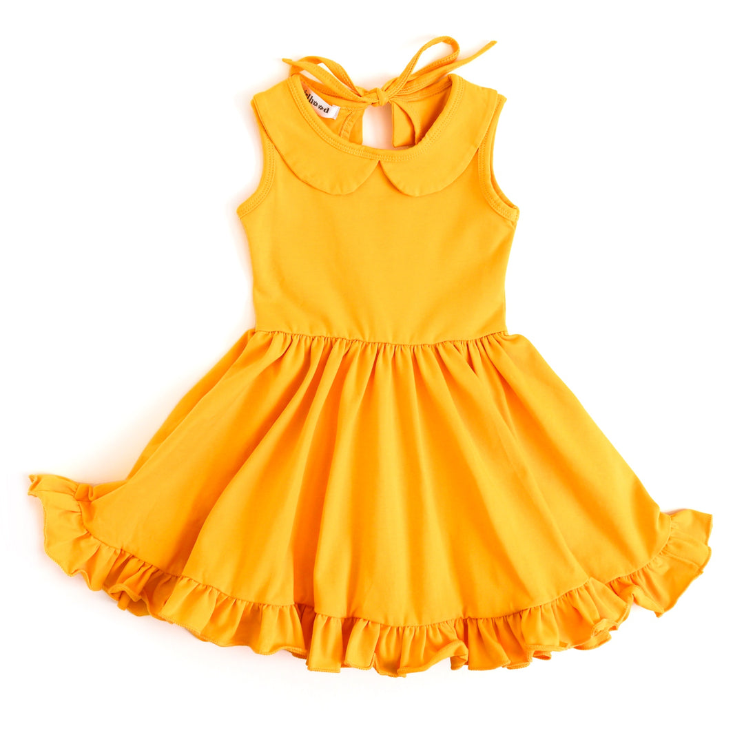 bright yellow cotton summer dress for girls with peter pan collar and pockets