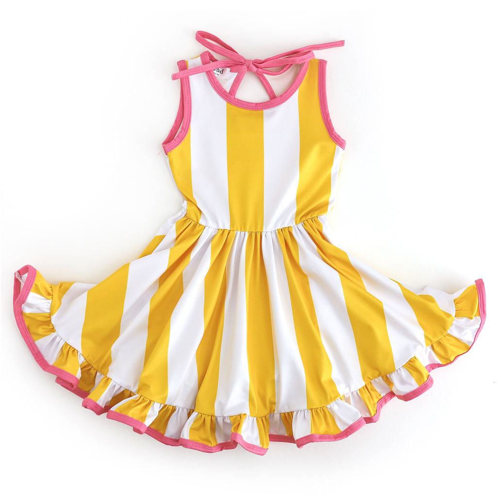 girls yellow and white wide stripes sleeveless twirl dress with pink trim