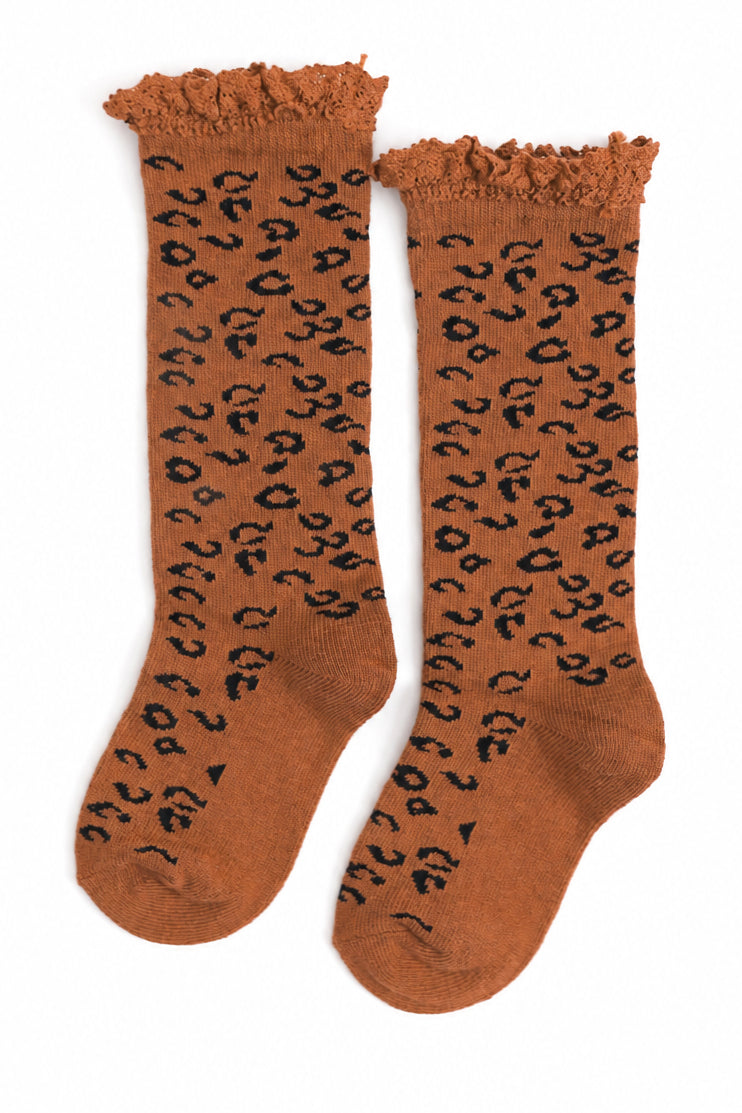 girls leopard print lace trim knee high socks