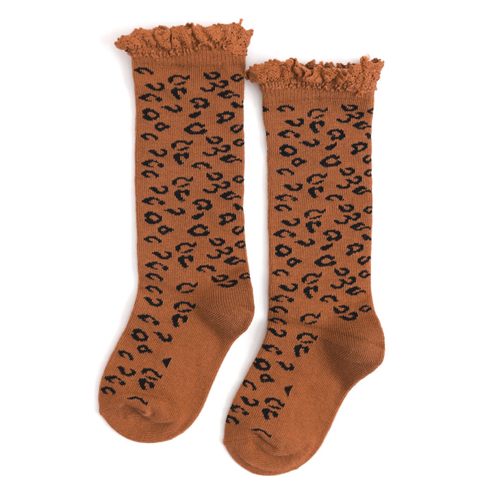 girls leopard print lace trim knee high socks