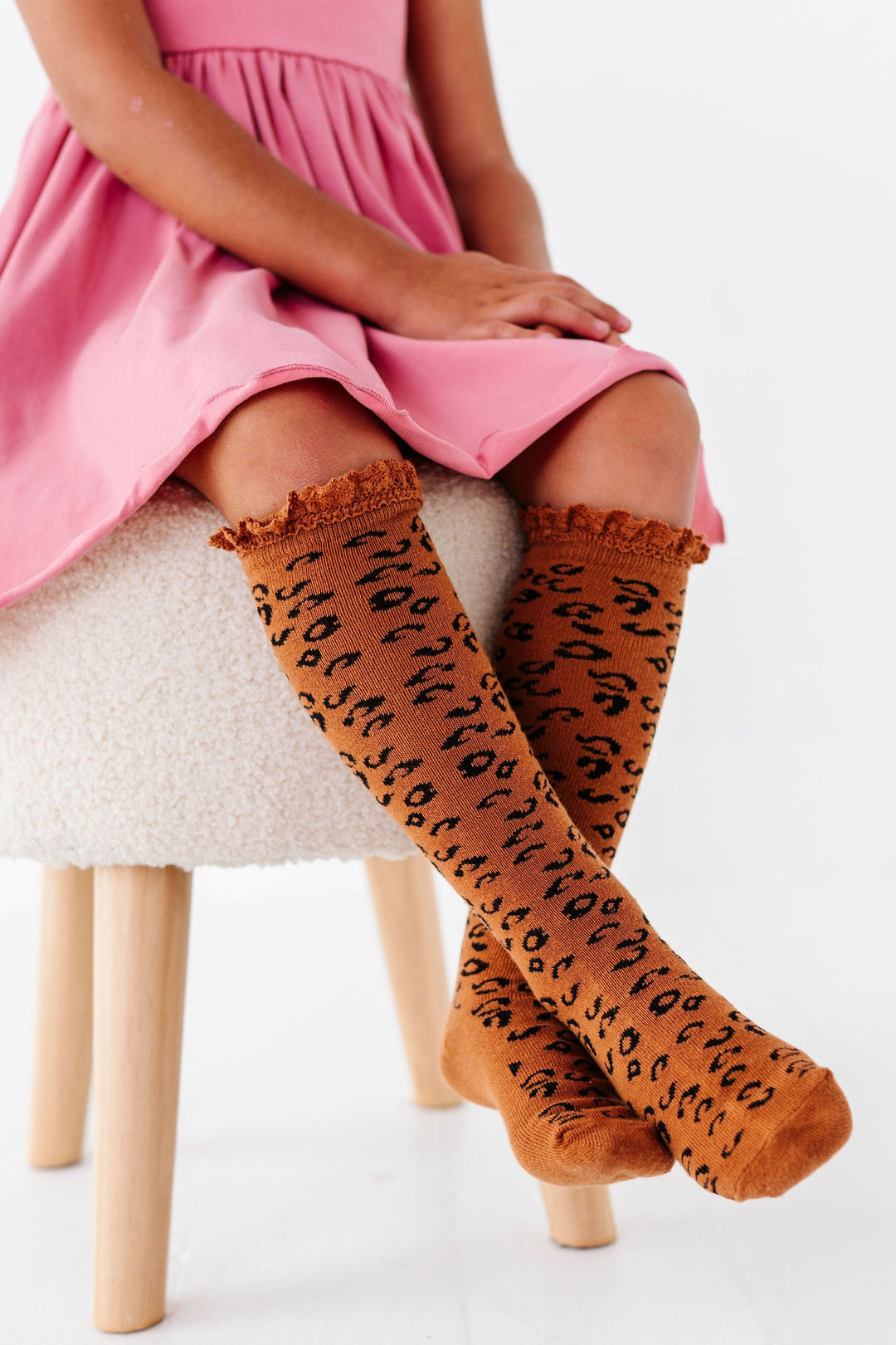 girls leopard print knee high socks with lace trim