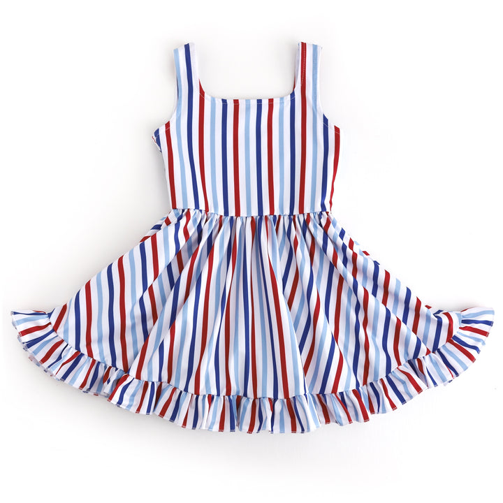 girls' vertical red, white and blue striped sleeveless twirl dress for the 4th of July