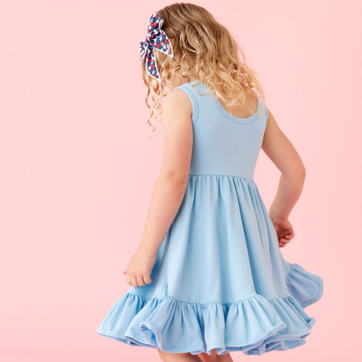back of light blue summer twirl dress