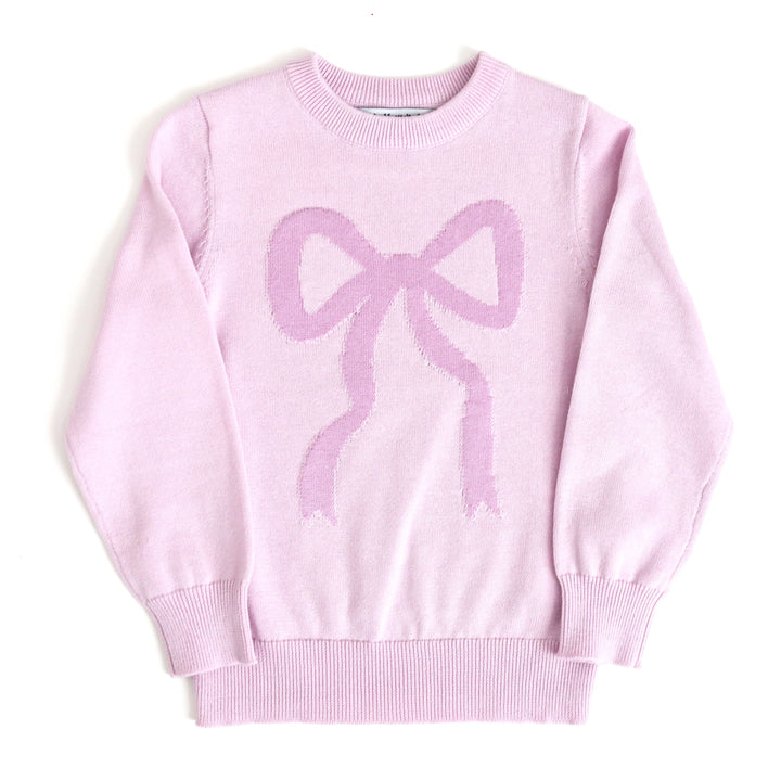 girl's light purple cotton knit pullover sweater with purple bow design