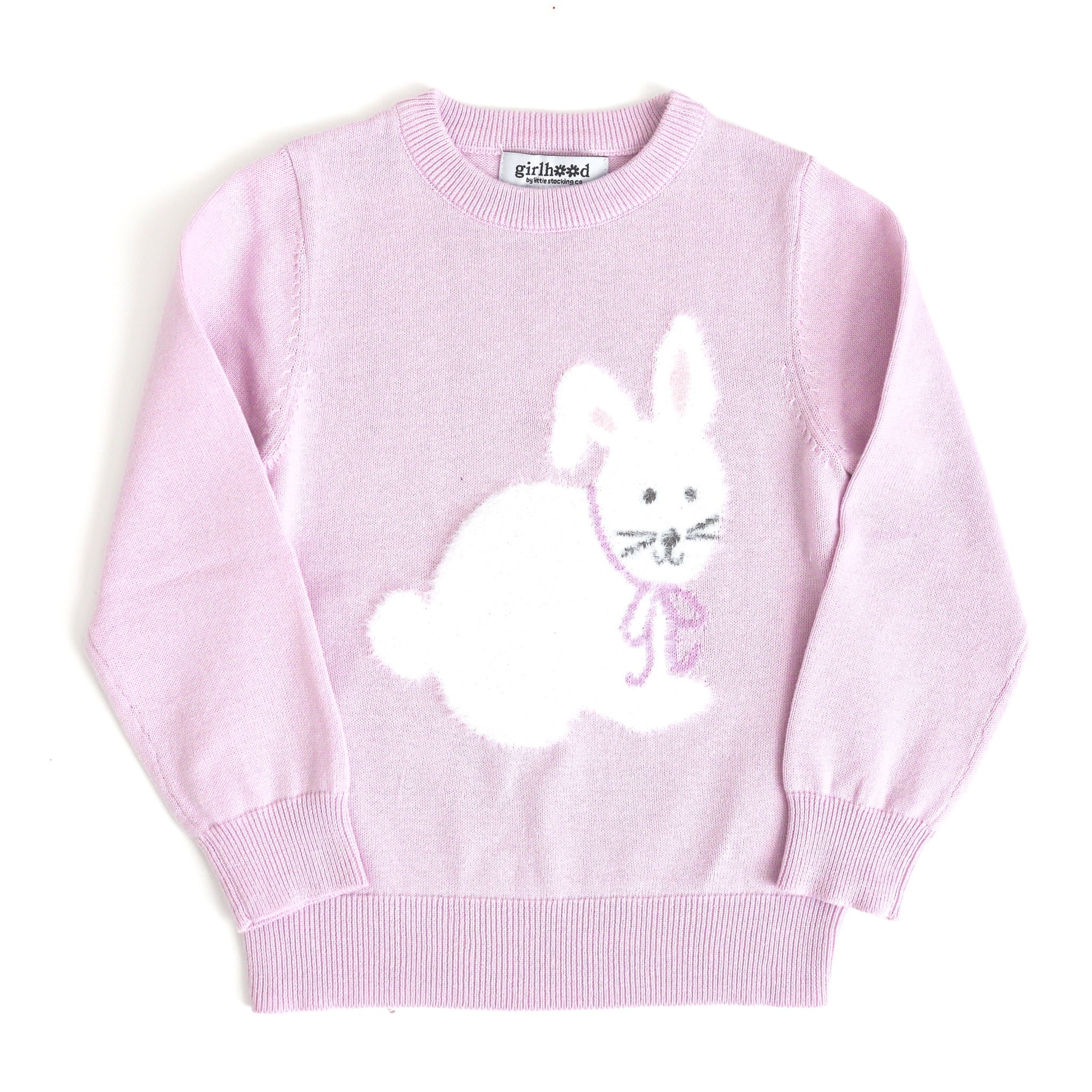 girl's pastel purple pullover sweater with white fluffy bunny design for Easter