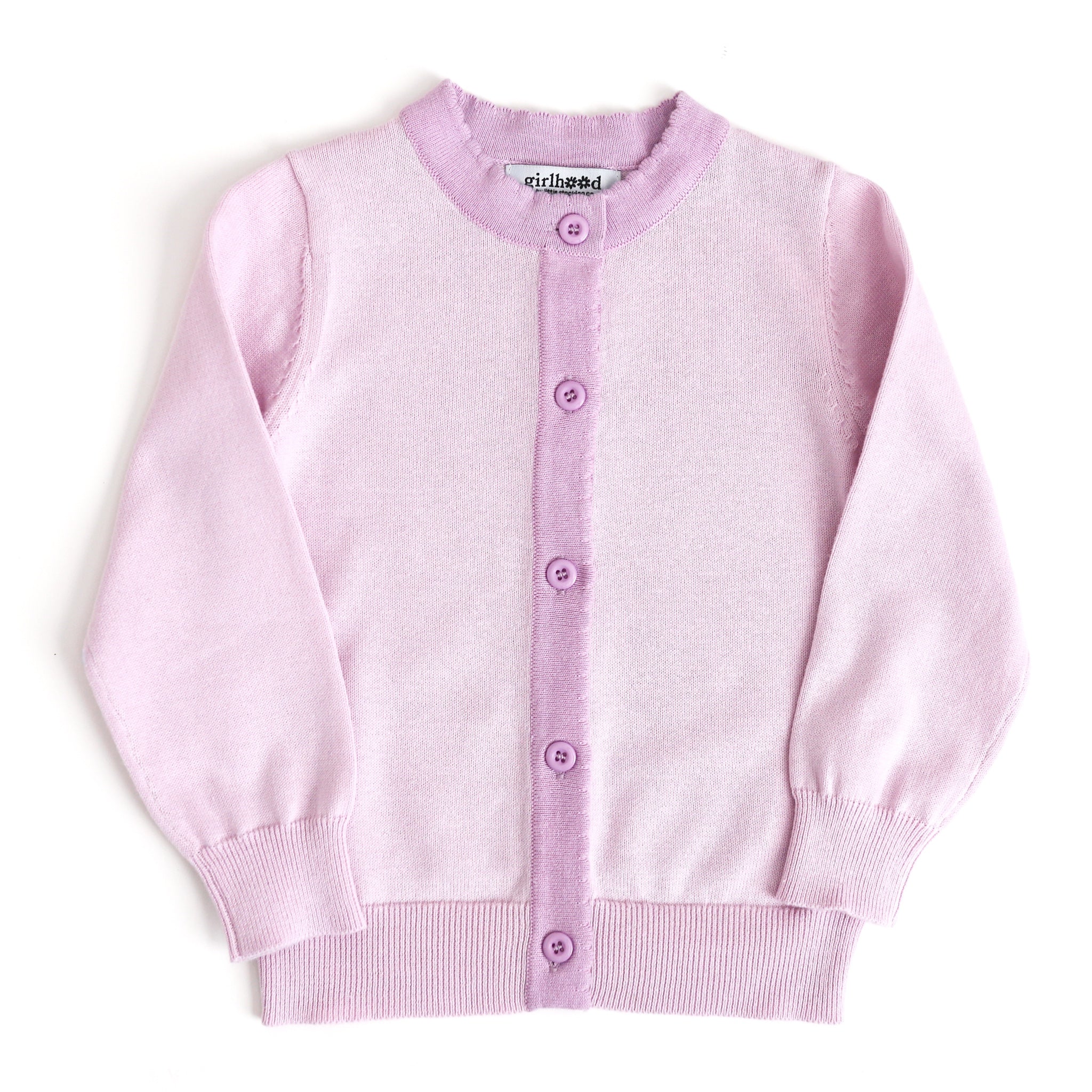 girl's two-tone cotton spring knit cardigan with light purple body and lavender trim