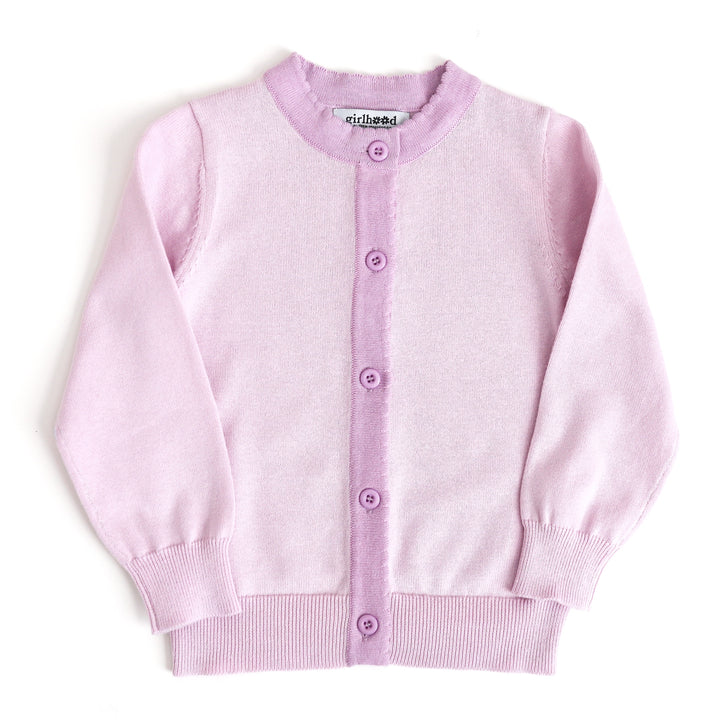 girl's two-tone cotton spring knit cardigan with light purple body and lavender trim