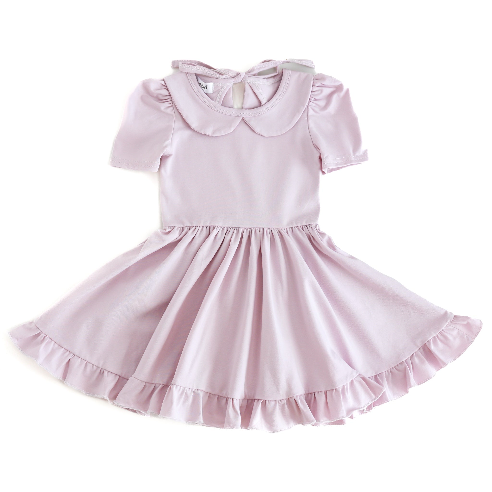 girls cotton blend twirl dress for spring in pale purple with peter pan collar, short, puffed sleeves and ruffled hem