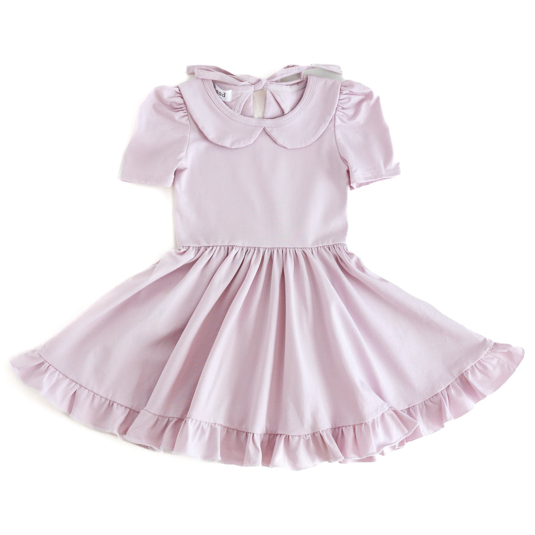 girls cotton blend twirl dress for spring in pale purple with peter pan collar, short, puffed sleeves and ruffled hem