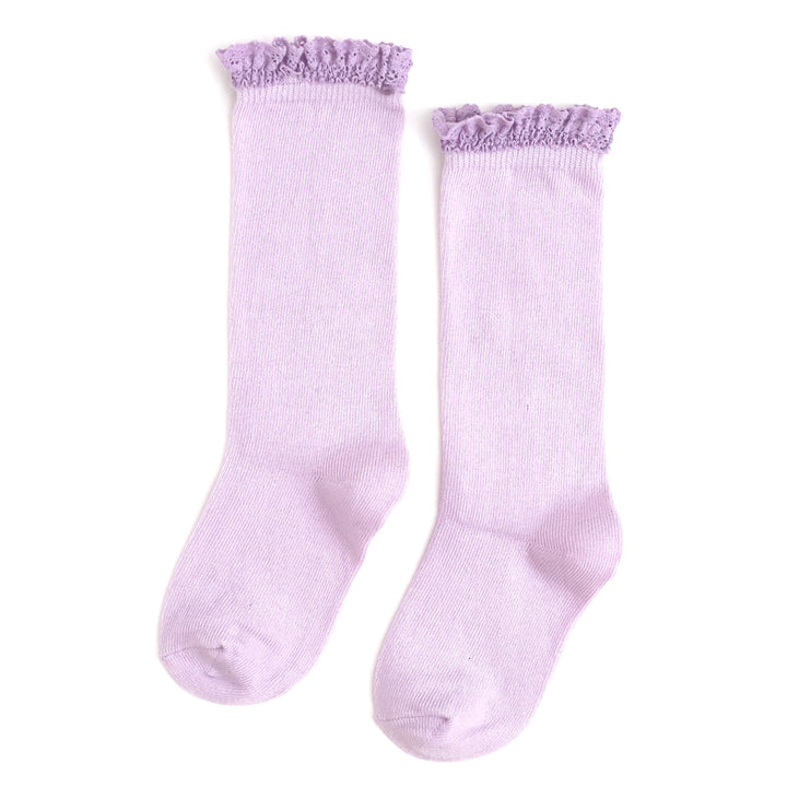 little girls knee high socks in light pastel purple with matching purple lace trim 