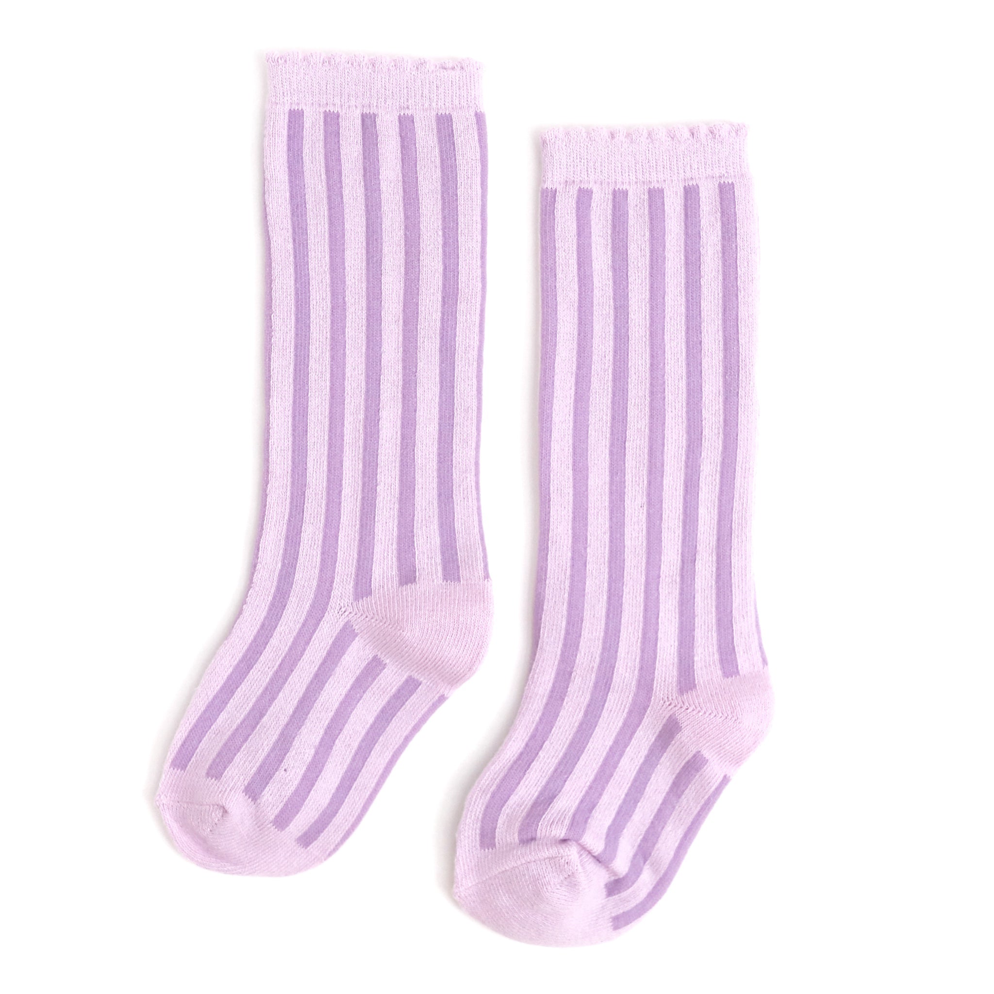 little girls two tone purple vertical striped knee high socks with scalloped trim