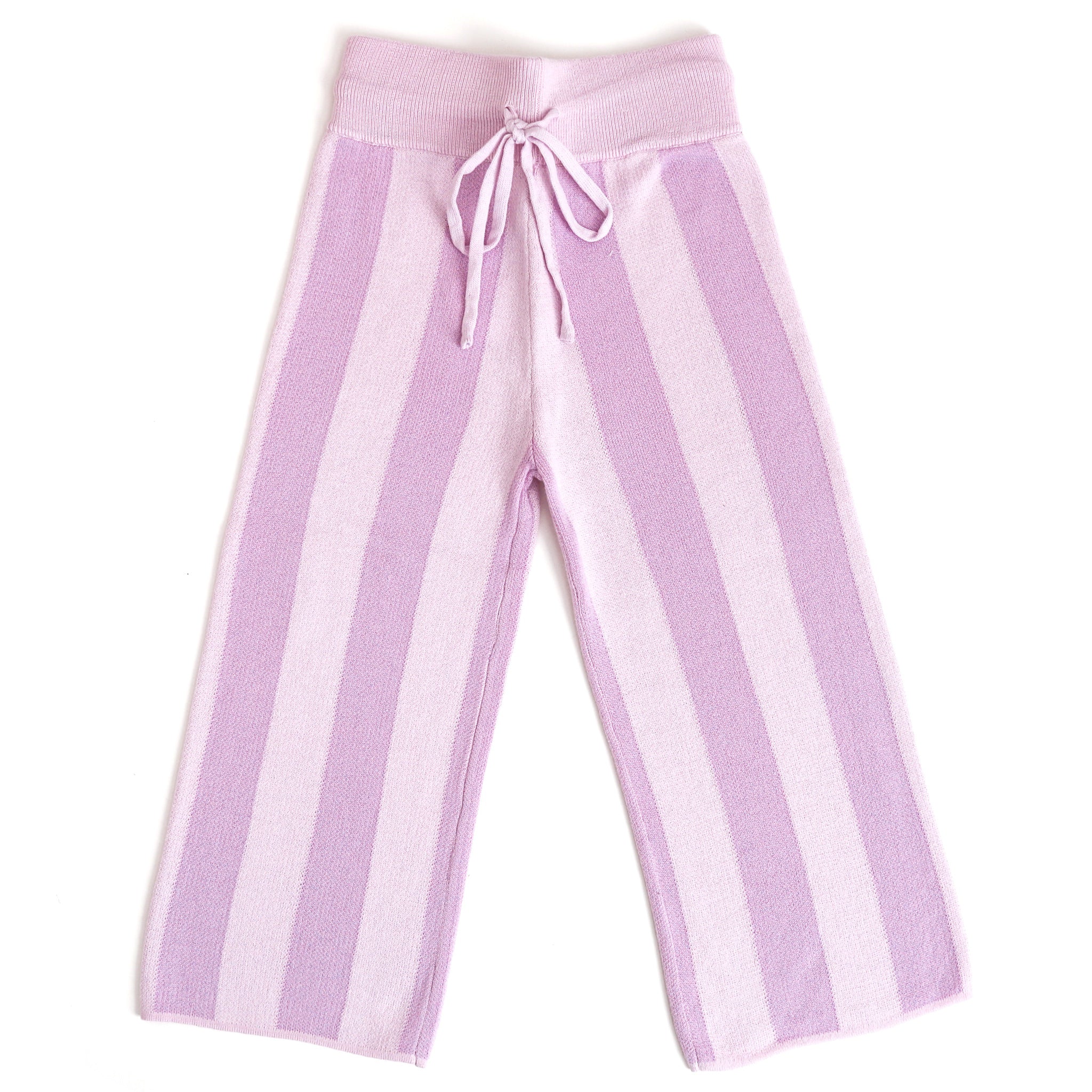 girl's purple two-tone vertical striped cotton knit sweater pants with adjustable drawstring tie at the waist