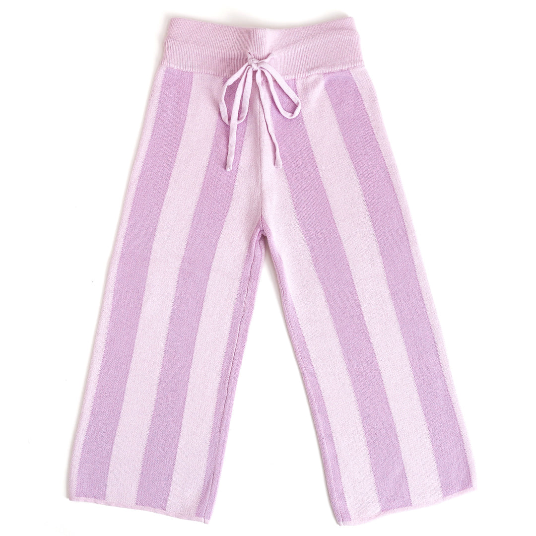 girl's purple two-tone vertical striped cotton knit sweater pants with adjustable drawstring tie at the waist