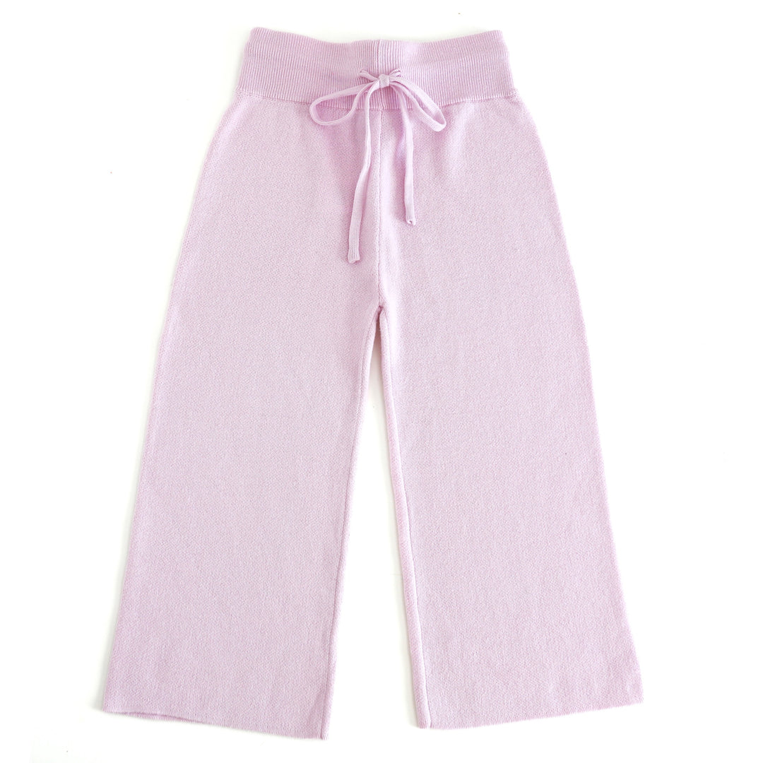 girls' light purple cotton knit sweater pants with drawstring waist to match spring collection