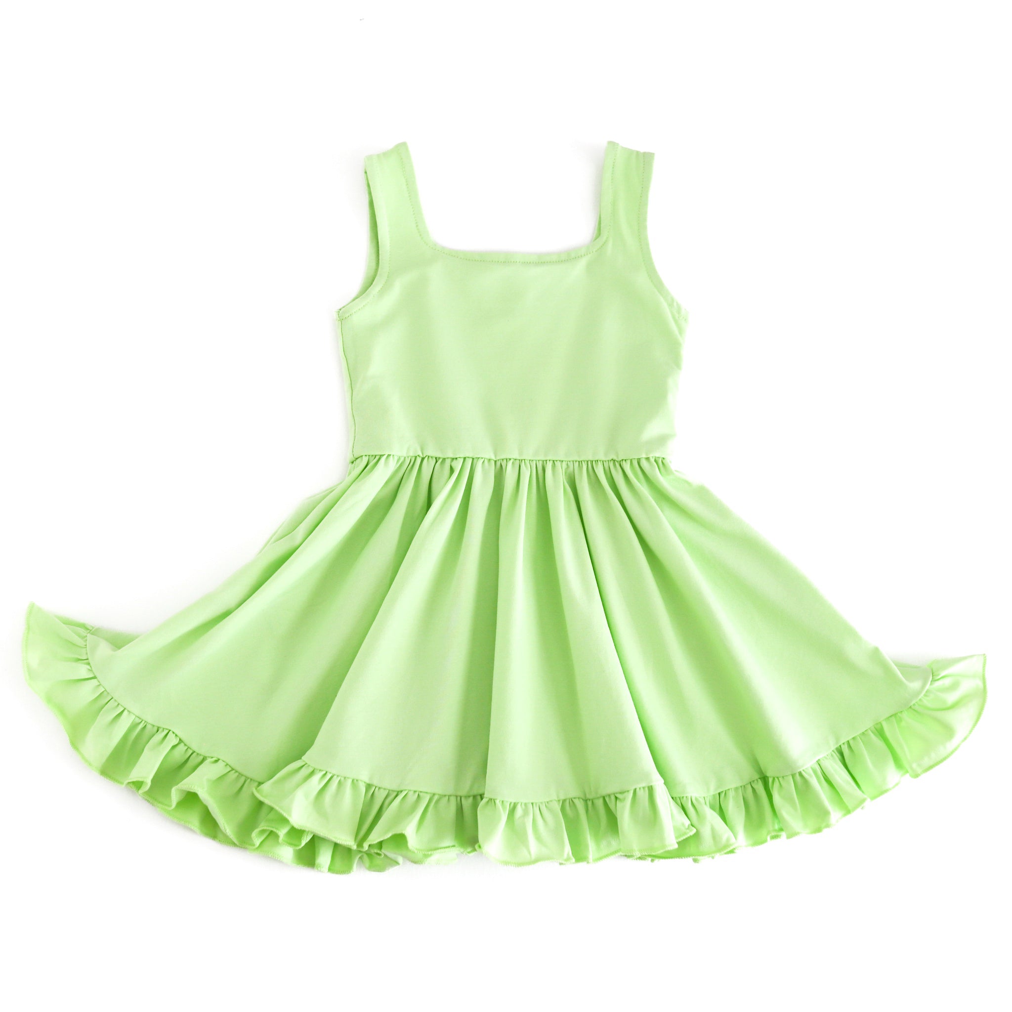 girls' lime green sleeveless square neck twirl dress with ruffle trim for summer
