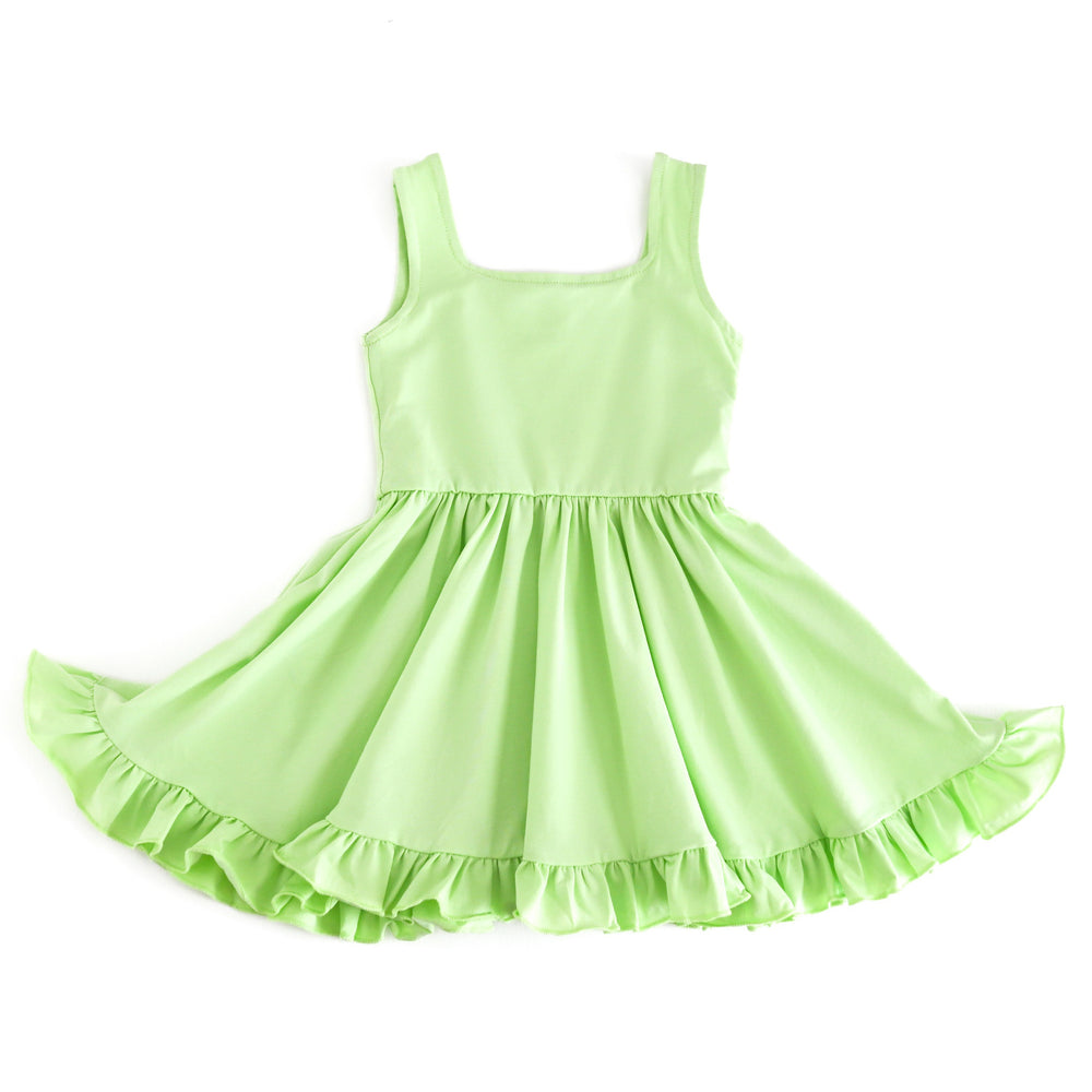 girls' lime green sleeveless square neck twirl dress with ruffle trim for summer
