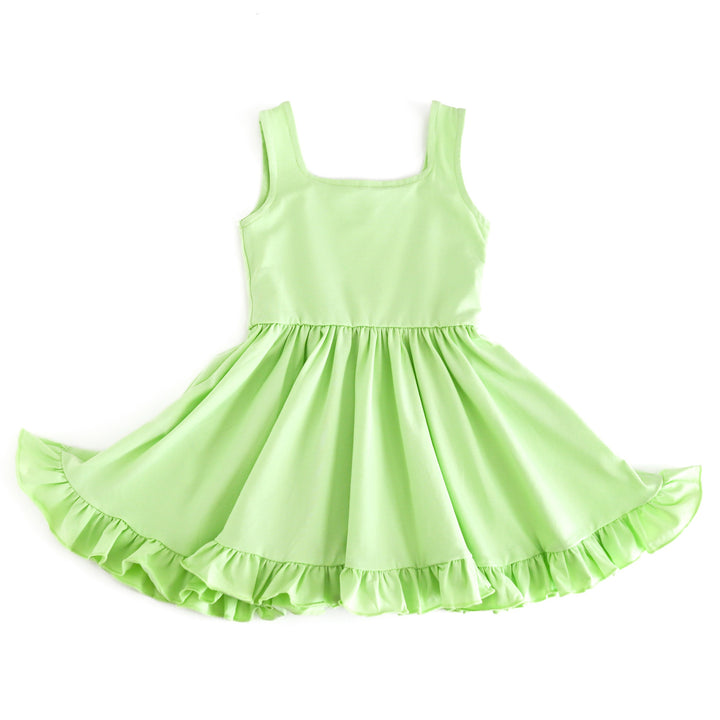 girls' lime green sleeveless square neck twirl dress with ruffle trim for summer