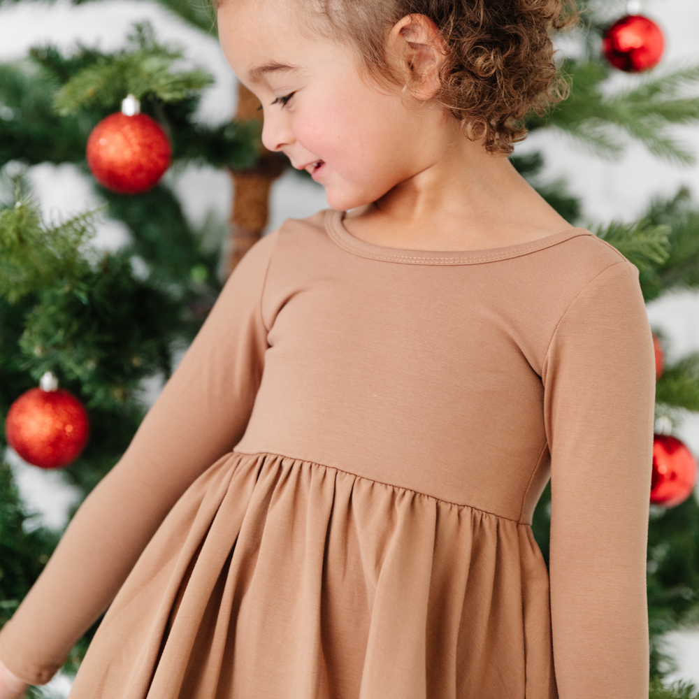 Little Stocking Company Girls Long Sleeve Cotton Twirl Dress Mocha 6