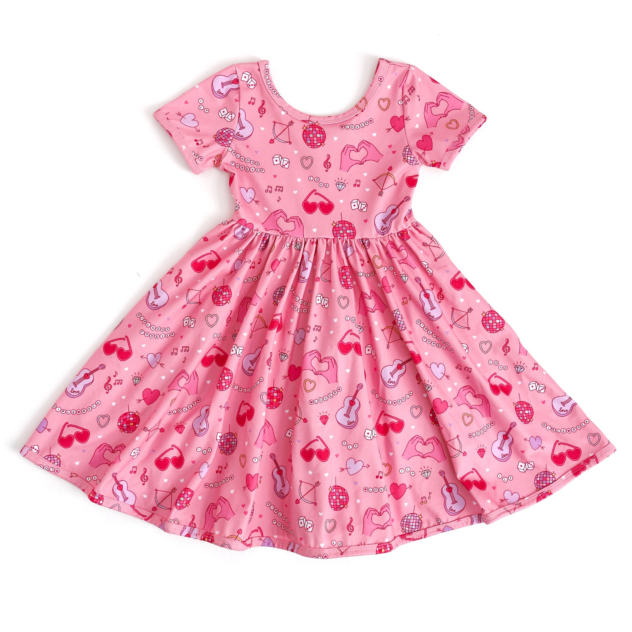 girls short sleeve pink dress with Swiftie inspired Valentine's Day print