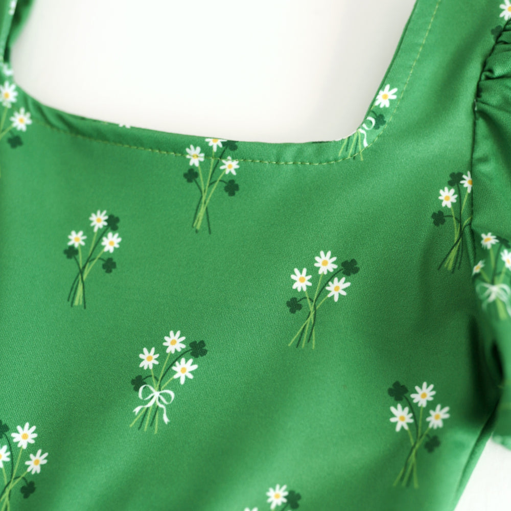st. patricks day floral print girls twirl dresswith daisies and shamrocks
