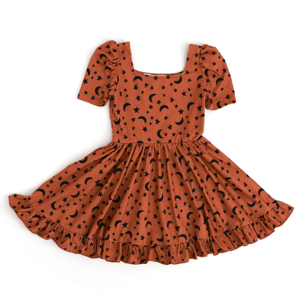 girls' halloween print twirl dress with black moons and stars