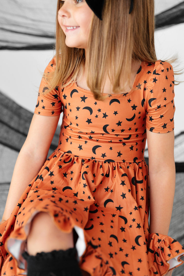 copper color moon and stars print dress for girls