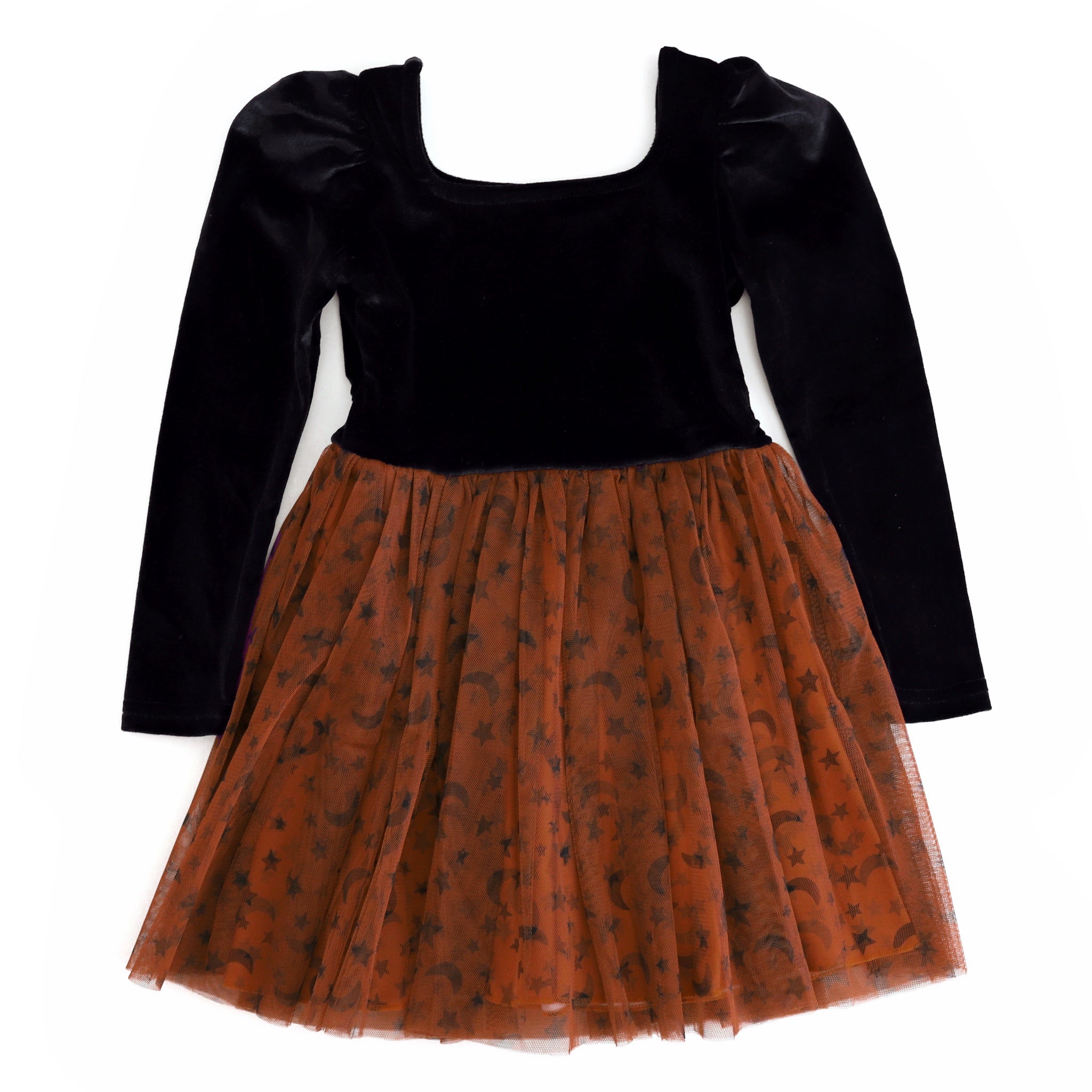 girls' Halloween tutu dress with solid black velvet bodice and long puffed sleeves attached to sugar almond tulle skirt with black moon and stars print