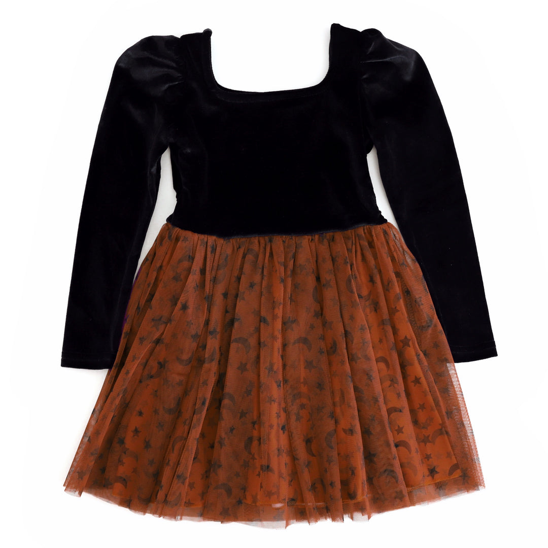 girls' Halloween tutu dress with solid black velvet bodice and long puffed sleeves attached to sugar almond tulle skirt with black moon and stars print