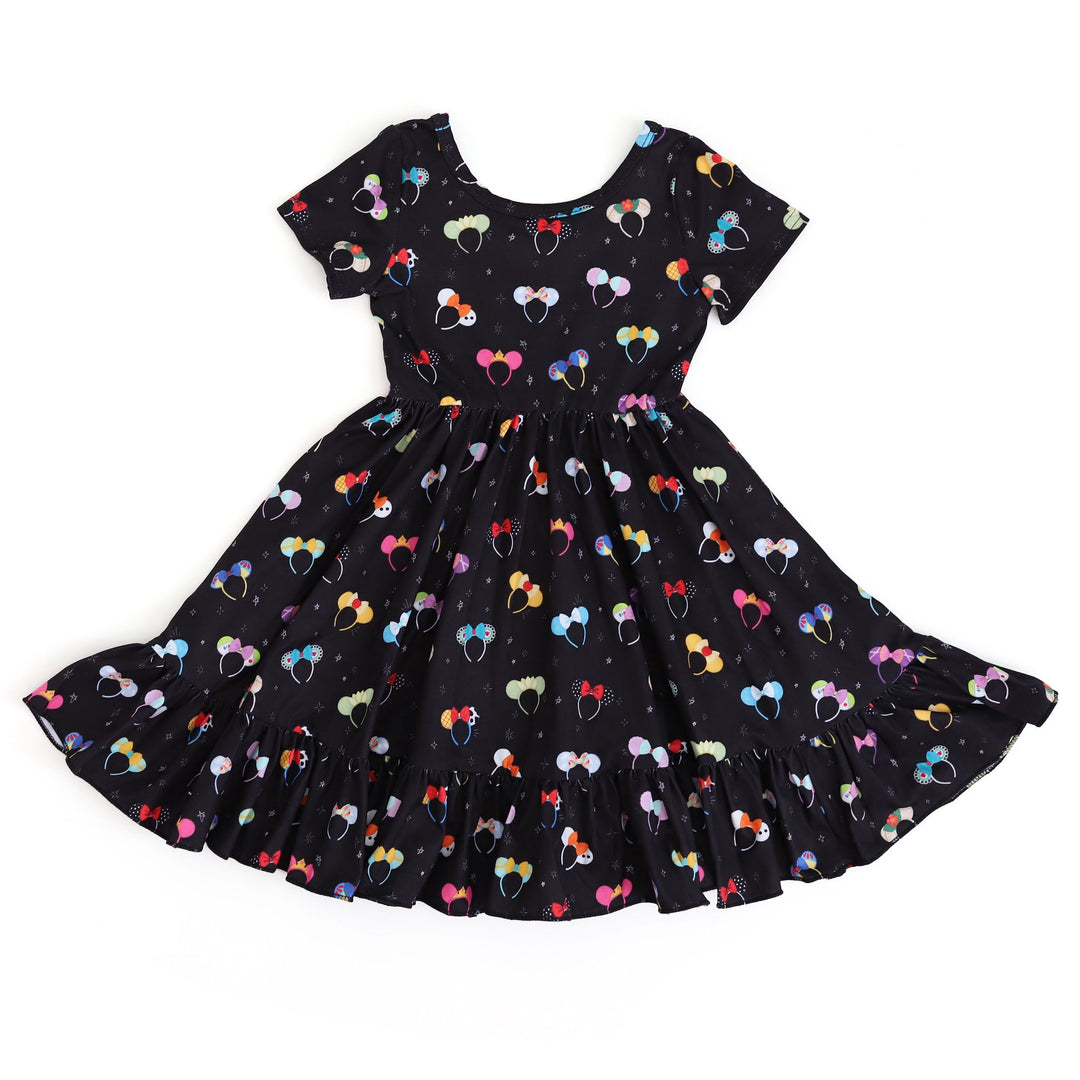 girls' mouse ear print twirl dress in black