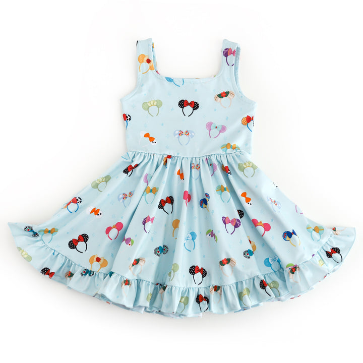 girls' light blue sleeveless twirl dress with character inspired minnie mouse ears print