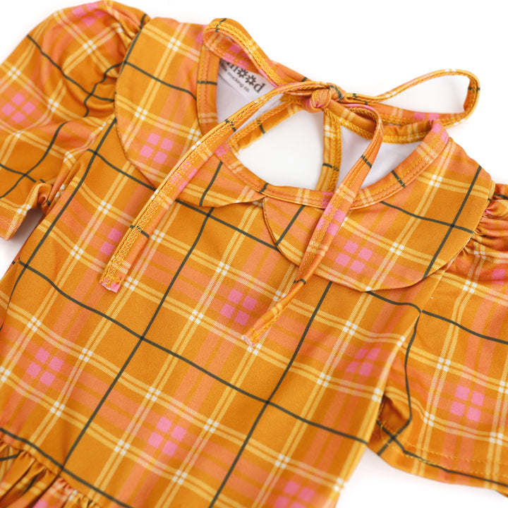 girls' fall twirl dress in marigold plaid details