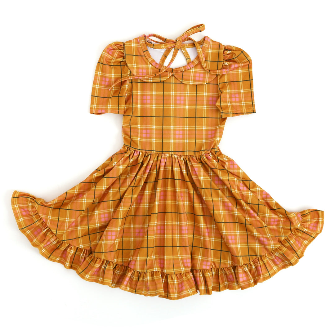 girls' fall twirl dress in marigold plaid