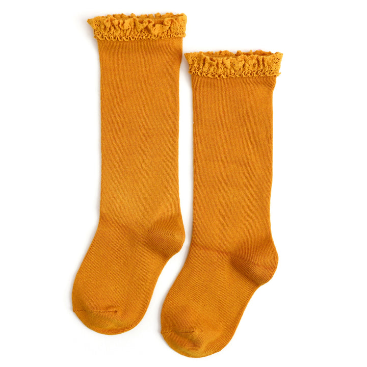 girls lace top knee high socks in mustard