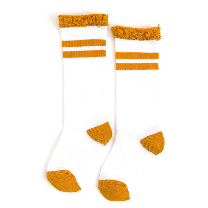 back to school knee high socks with marigold yellow stripes and lace