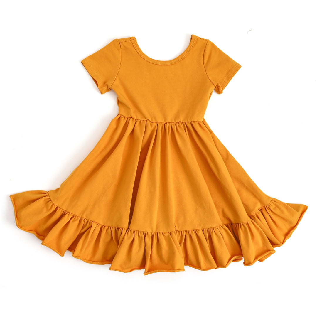 girls' back to school cotton twirl dress with pockets in marigold yellow