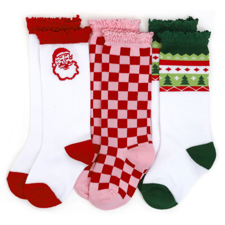 merry & bright santa themed knee high socks with lace for babies, toddlers & girls
