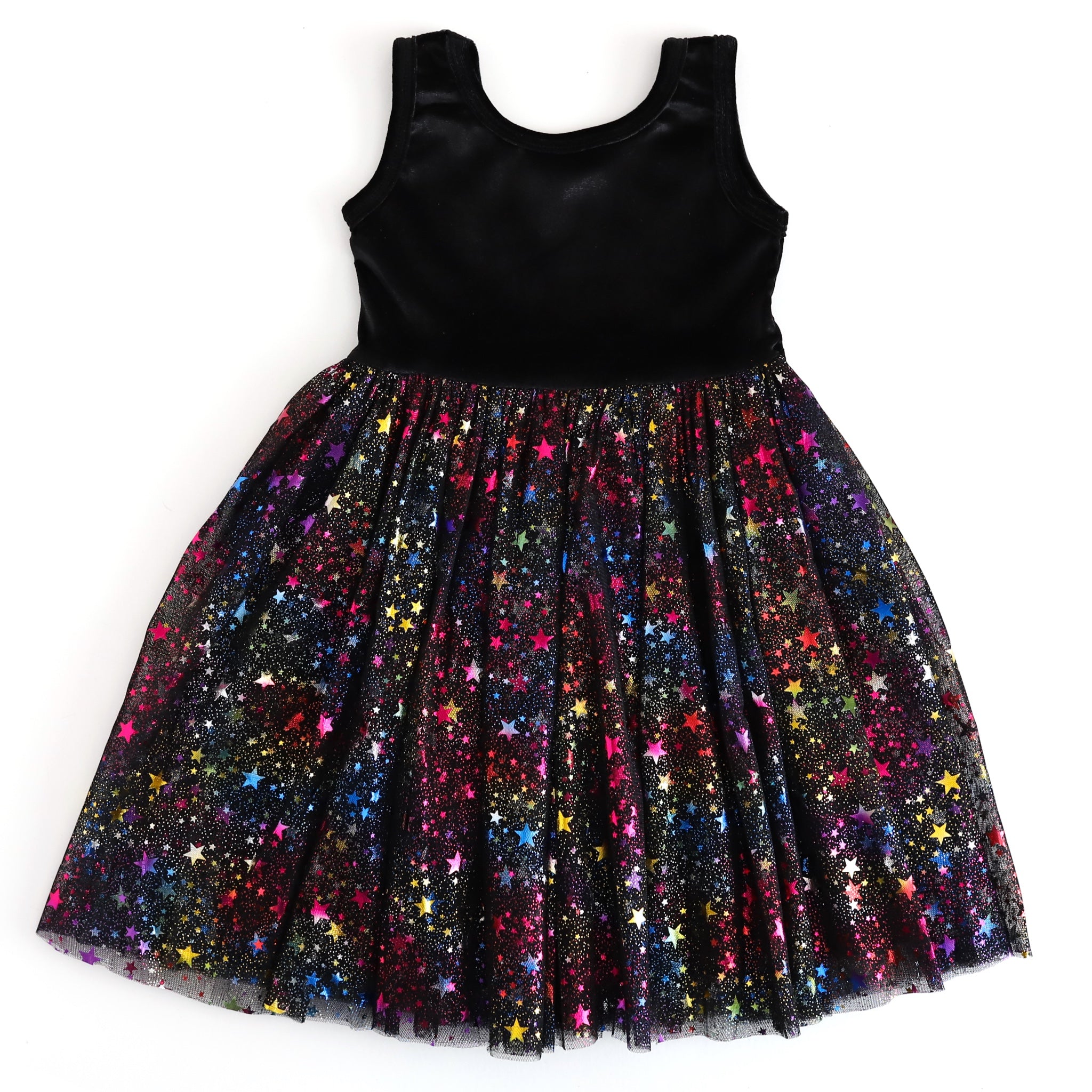 girls sleeveless twirl party dress with black velvet top and rainbow metallic stars on black tulle on bottom