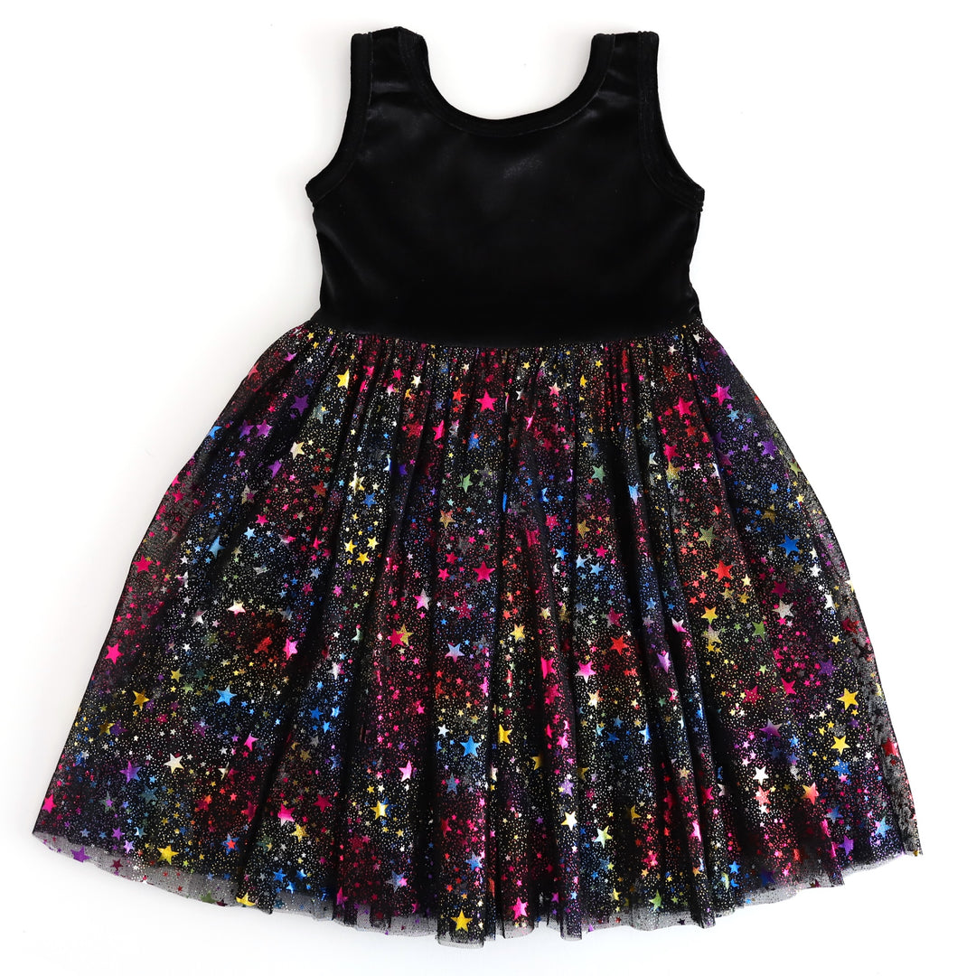 girls sleeveless twirl party dress with black velvet top and rainbow metallic stars on black tulle on bottom