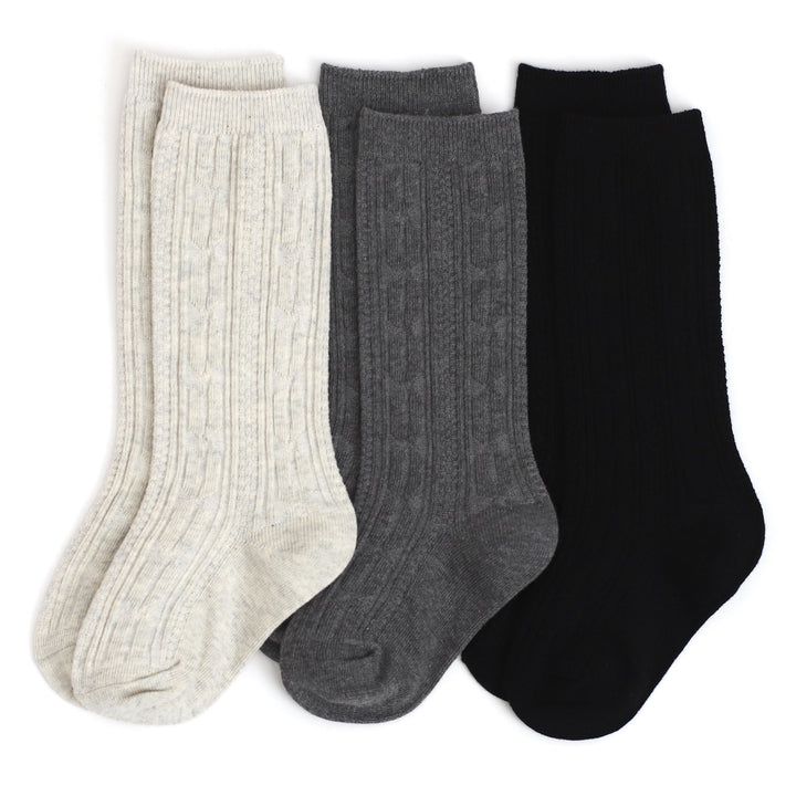 girls cable knit socks 3 pack with heathered ivory, charcoal and black